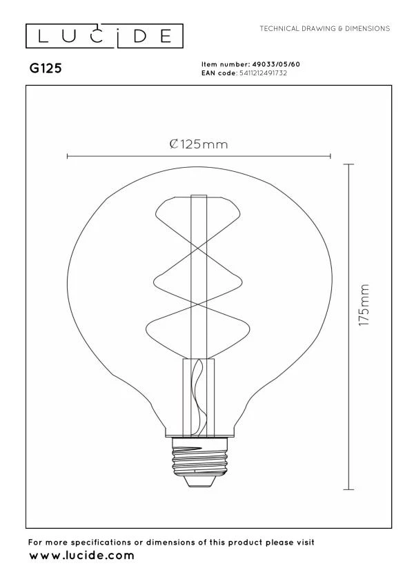Lucide G125 - Glühfadenlampe - Ø 12,5 cm - LED Dim. - E27 - 1x4,9W 2700K - Transparent - technisch